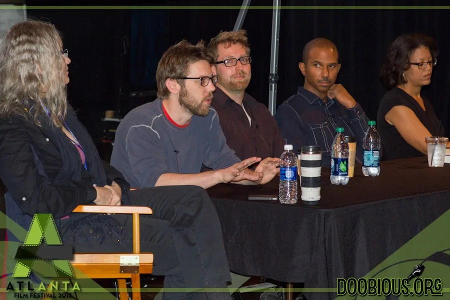 David Bruckner, Nicholas Tecosky, Kevin Collins, and Tonya Holloway discuss story structure at the 2013 Atlanta Film Festival (Moderator: Linda Burns)