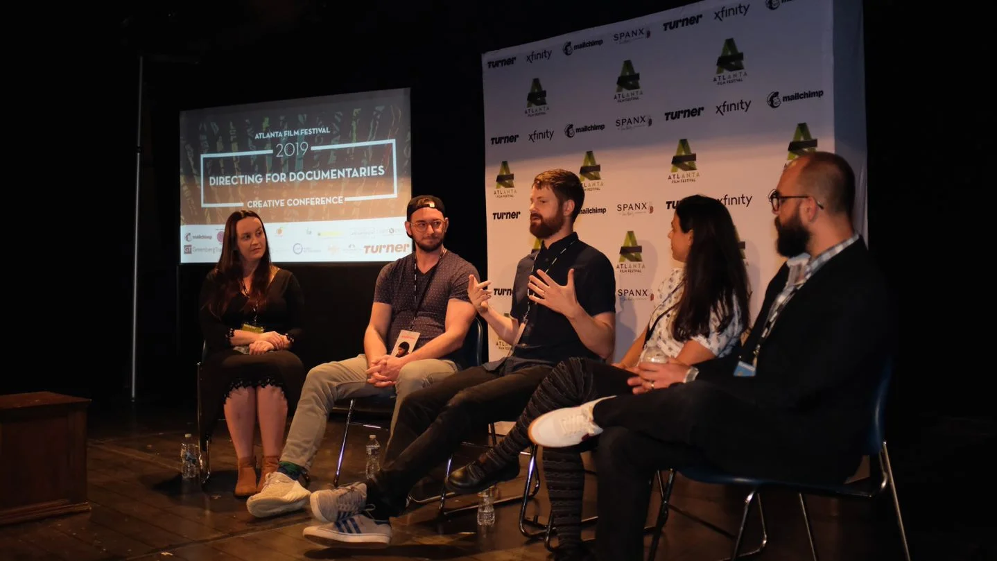 Jen West (left most) talks directing with documentarians (left to right) Tim O’Donnell, Kristian Melom, Giovanna Giovanini, and James Martin.