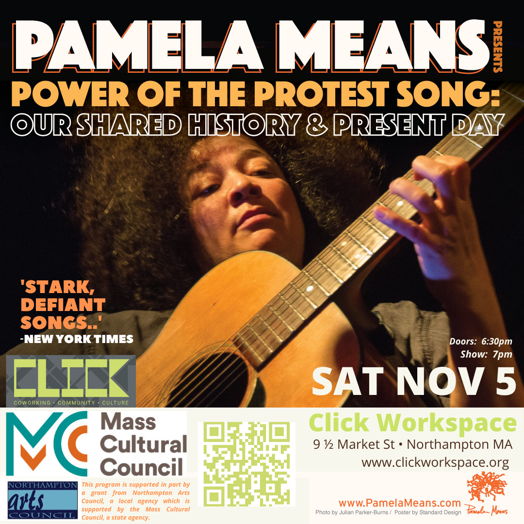 Flyer for Pamela Means presents Power of the Protest Song