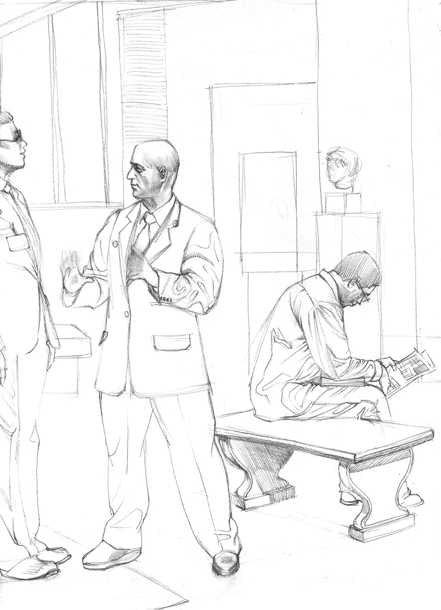  A man looking at the museum map behind ​staffs talking each other in MET 