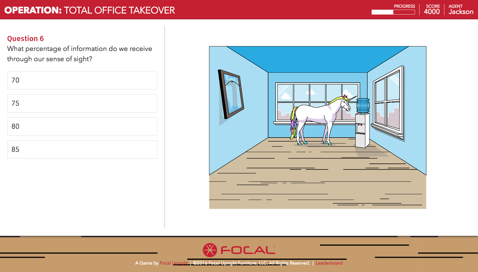 With each question, the user's answer populates part of the office setup. If the user answers correctly, they get a positive addition (a unicorn or bright windows). If they answer incorrectly, they get a negative addition (like a broken picture frame). We had quite a bit of fun coming up with all the correct and incorrect options - the full illustration of the "correct" and "incorrect" office are below.