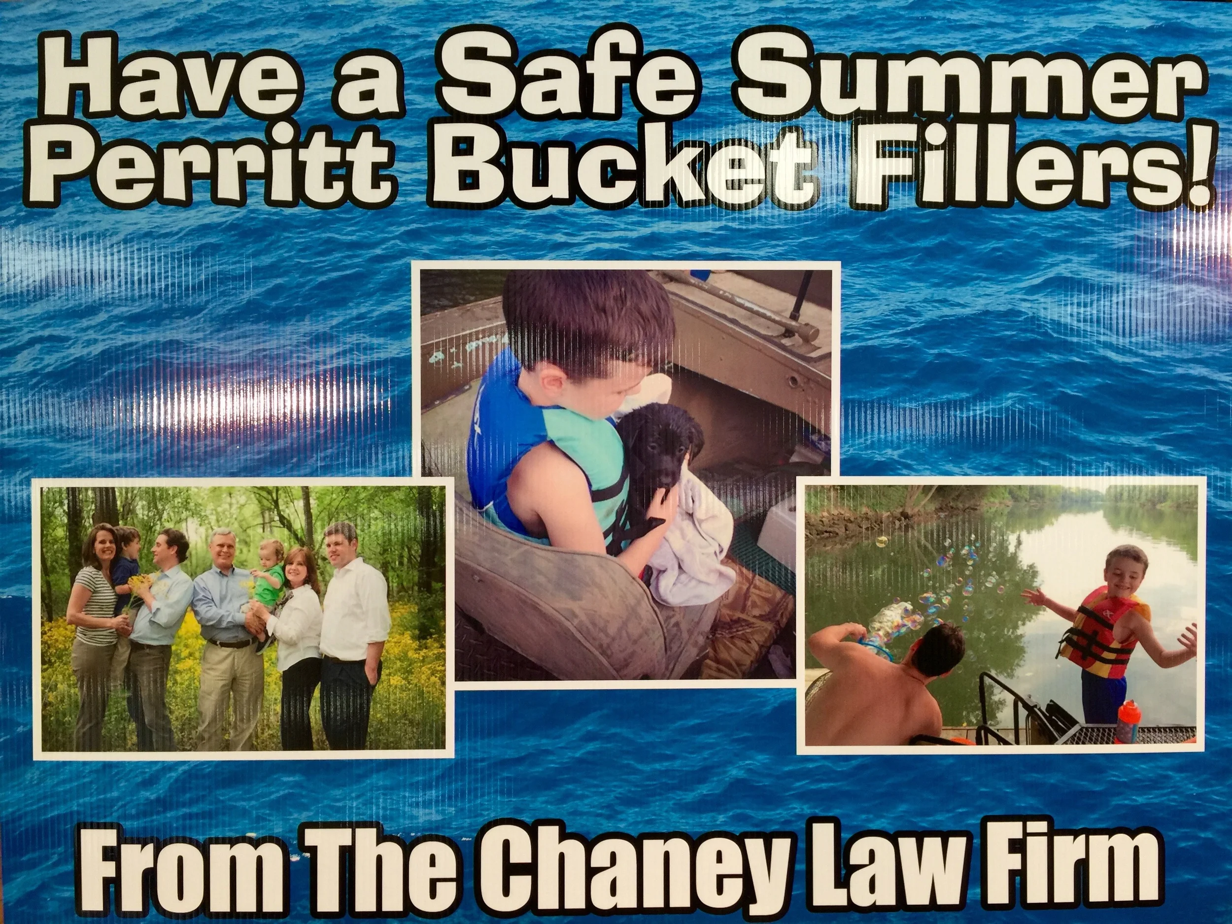 L to R: The Chaney family; River and Sue E. in the family boat; and River and Nathan blowing bubbles across the water.