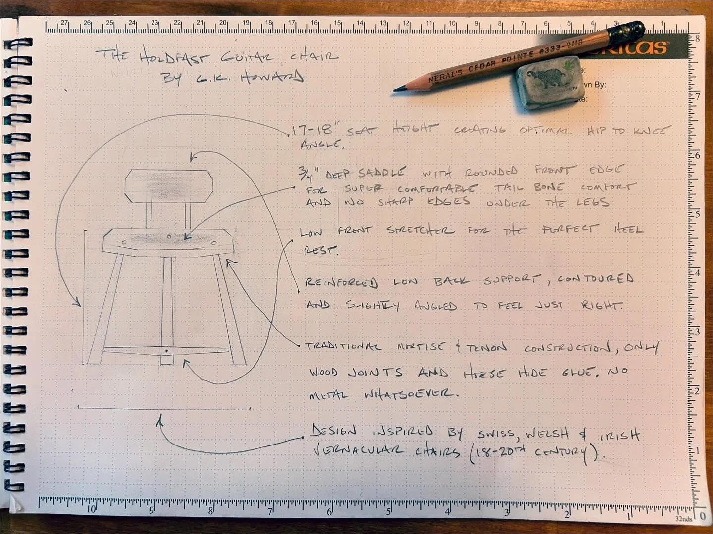 Sharp pencil explainer content including BTS peek at the Holdfast Guitar Chair origin story I n pic #2 🤓 ✏️ 

#guitarchair #handmade #mortiseandtenon #pencildrawing #notebooks #veritastools #woodworking  #welshchair #irishchair #swisschair #stickcha