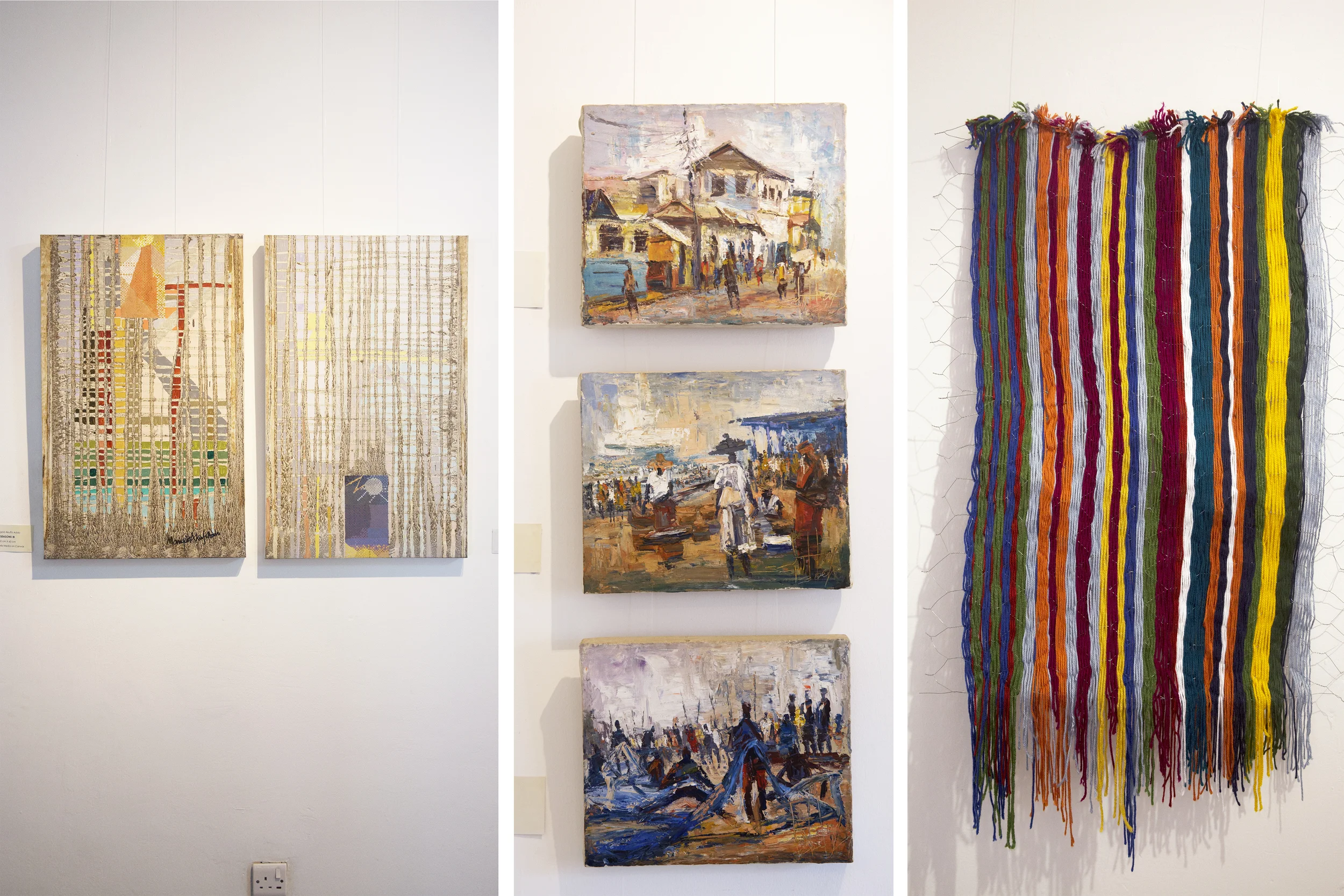 The first two multimedia works here are by Marigold Akuffo Addo and the subsequent paintings are by Seth Clottey. Unfortunately I did not remember to take a picture of the plaque next to the chicken wire weaving, so I am not sure who made this. 