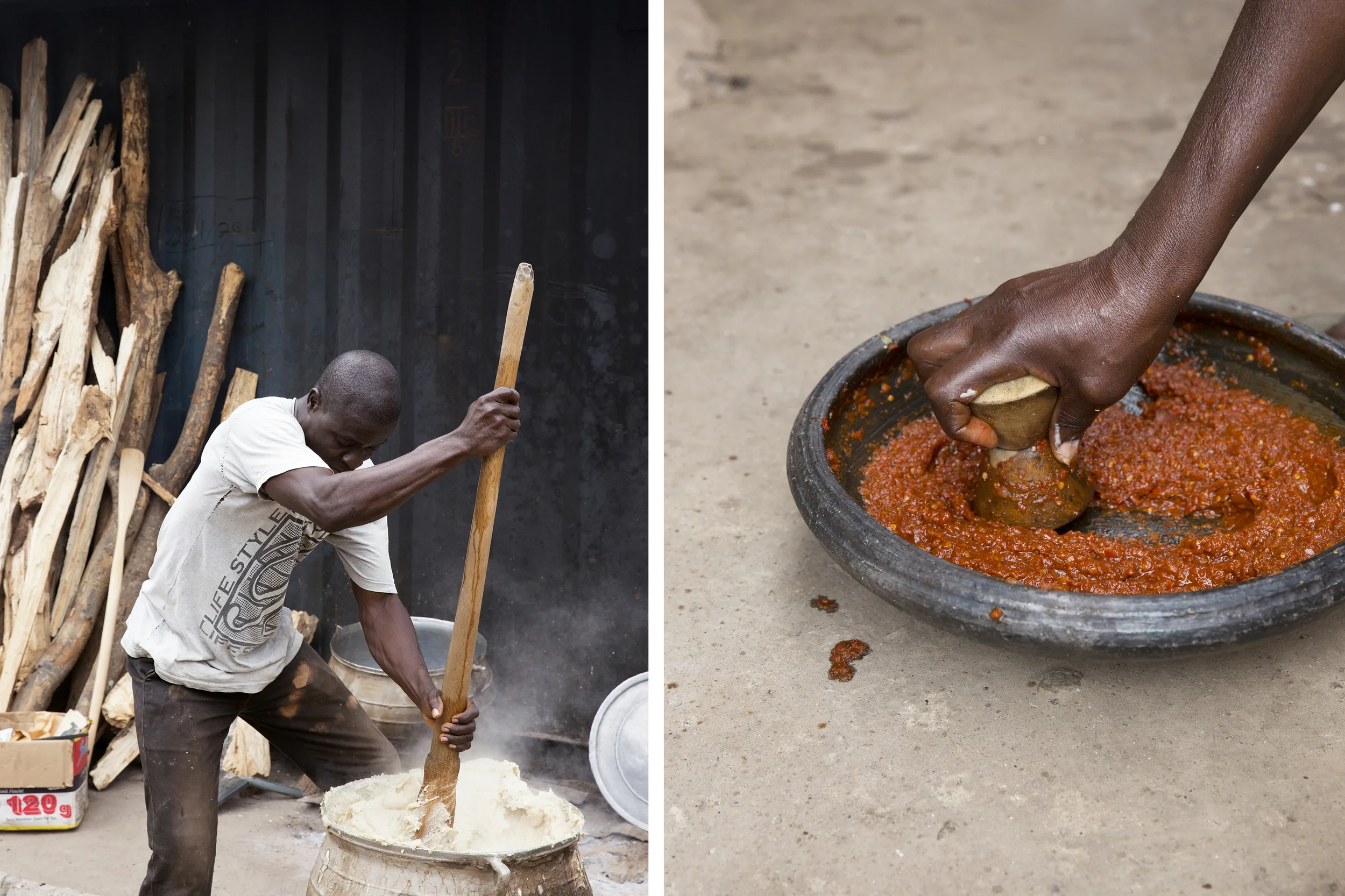 Photographs of the cooks preparing food (by me). 