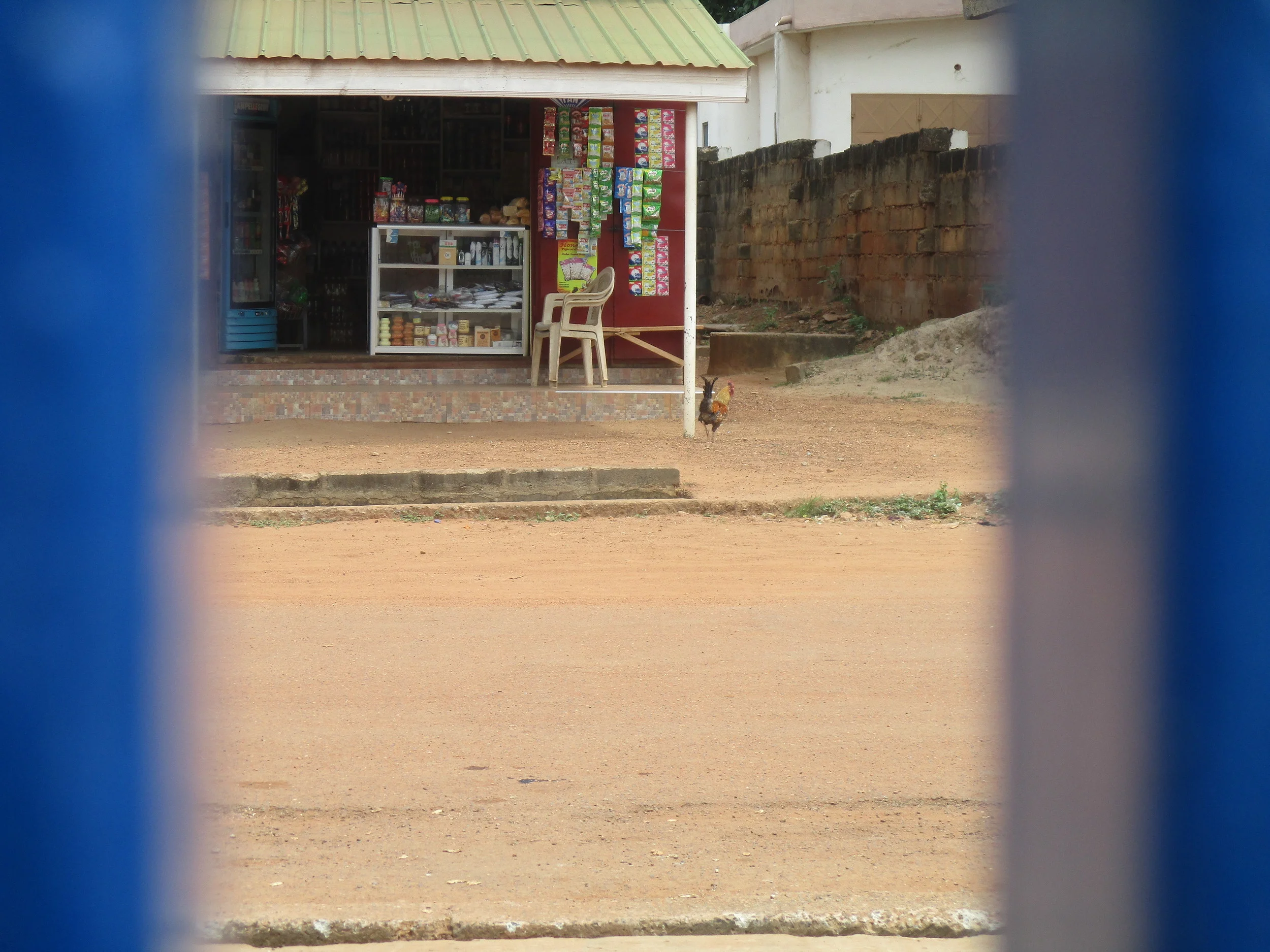 A through-the-railing image of the store across the street from the school by Alberta A., Class 6.