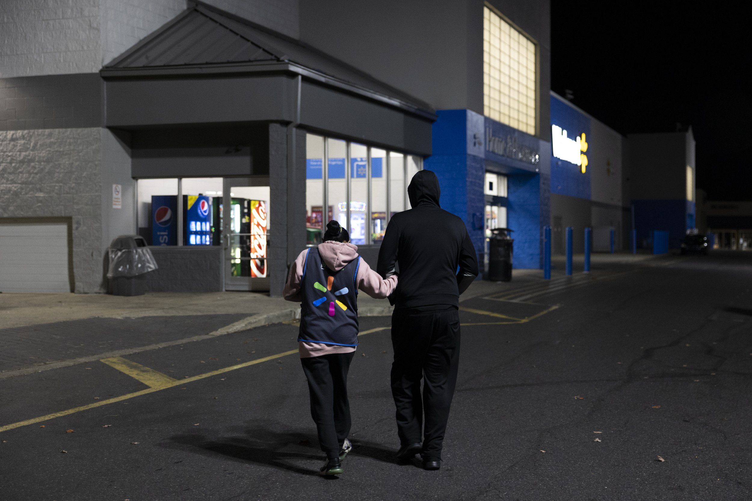  9:58PM: Veronica and Alex head into Walmart for their nightly shift, where they will work until 7:00AM the following morning. 