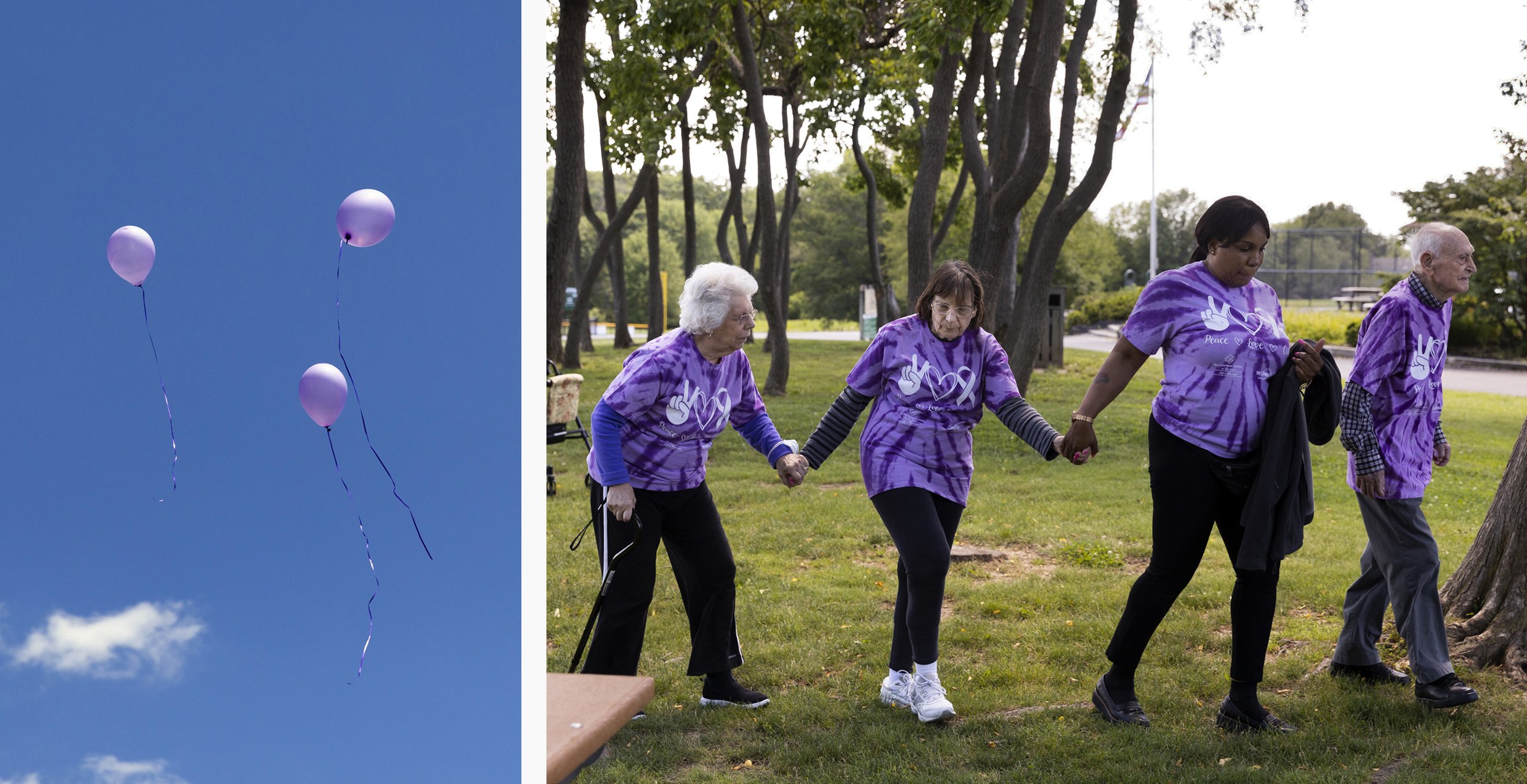  Memory care coordinator Motia Johnson (right) walks with residents at the annual Alzheimer’s walk on June 16, 2021. The residents released balloons to commemorate Ida, who had recently passed.  