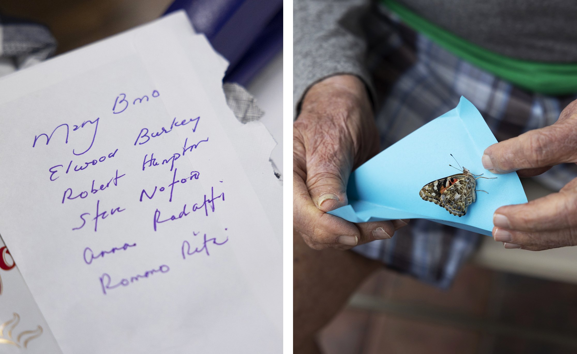   (LEFT) An envelope on director Jessica Gonzalez’s desk includes the names of the six Brandywine residents who died from COVID-19. (RIGHT) Bill releases his butterfly at a memorial event for residents who died from COVID-19, September 16, 2021. 
