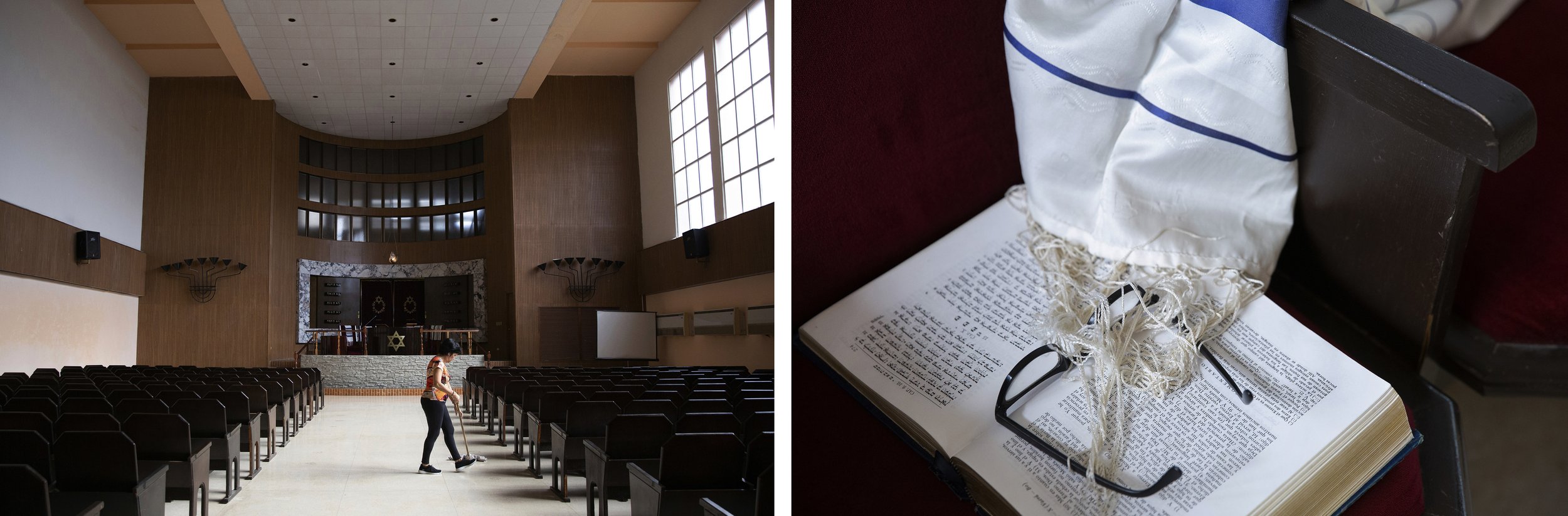  (LEFT) A volunteer sweeps the floor of the temple on January 16, 2020. (RIGHT) A pair of reading glasses rests upon a copy of the torah, underneath a tallit (a prayer shawl), at Beth Shalom on January 18, 2020. 