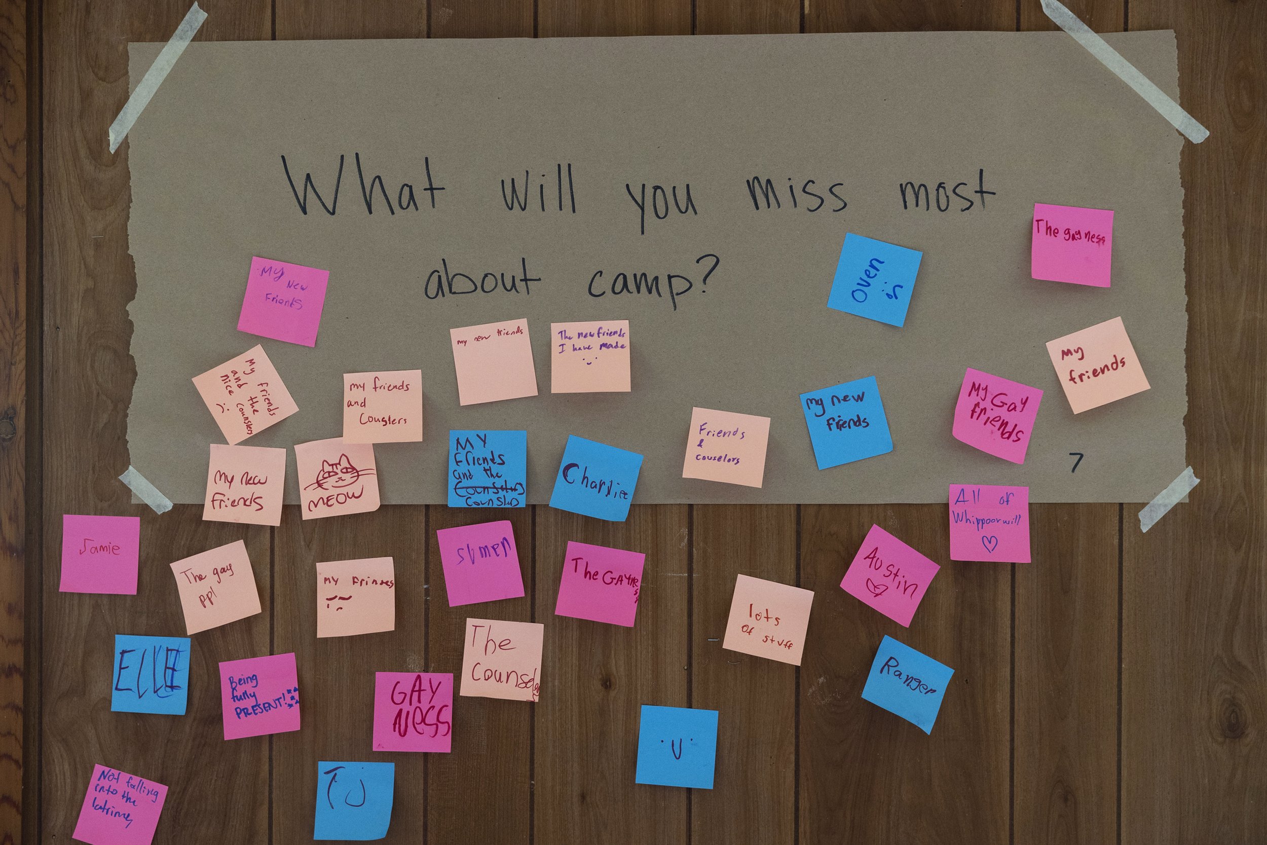   Campers post answers to the question, “What will you miss most about camp?” One camper answered: “Not having to wonder if people around you will accept you.” 