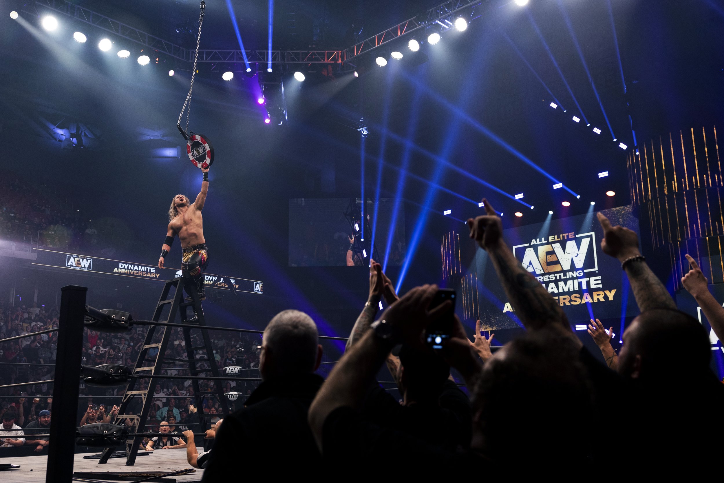  Adam Page claims victory in the Casino Ladder Match at the AEW Dynamite show in Philadelphia on October 6, 2021. (On assignment for Washington Post) 