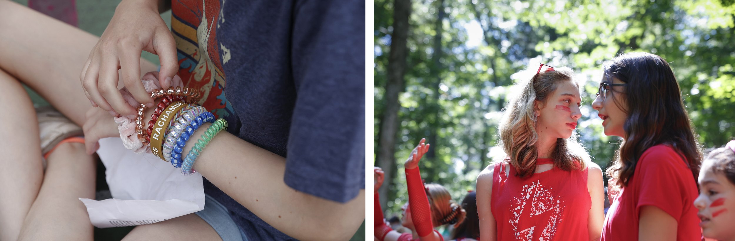  (LEFT) Sari Lampert wears a bracelet which reads ‘rachamim,’ the Hebrew word for compassion, on July 19, 2021. Each week, the campers are taught a new Jewish value and, if they are shown demonstrating that value, they receive a bracelet. (RIGHT) Car