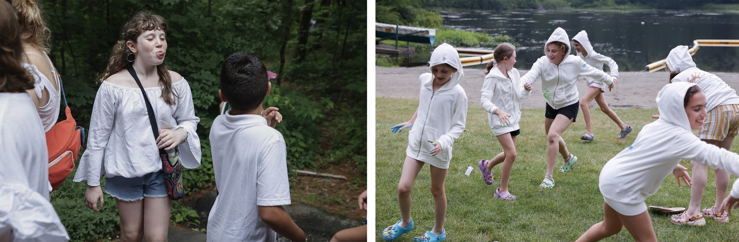  (LEFT) Josie Levin sticks her tongue out at a boy after he teasingly asks her who she will go with to “banquet” (the camp dance) on July 9, 2021. All campers are in white for Friday night Shabbat services. (RIGHT) Sari Lampert, Eliza Goodman, Jocely