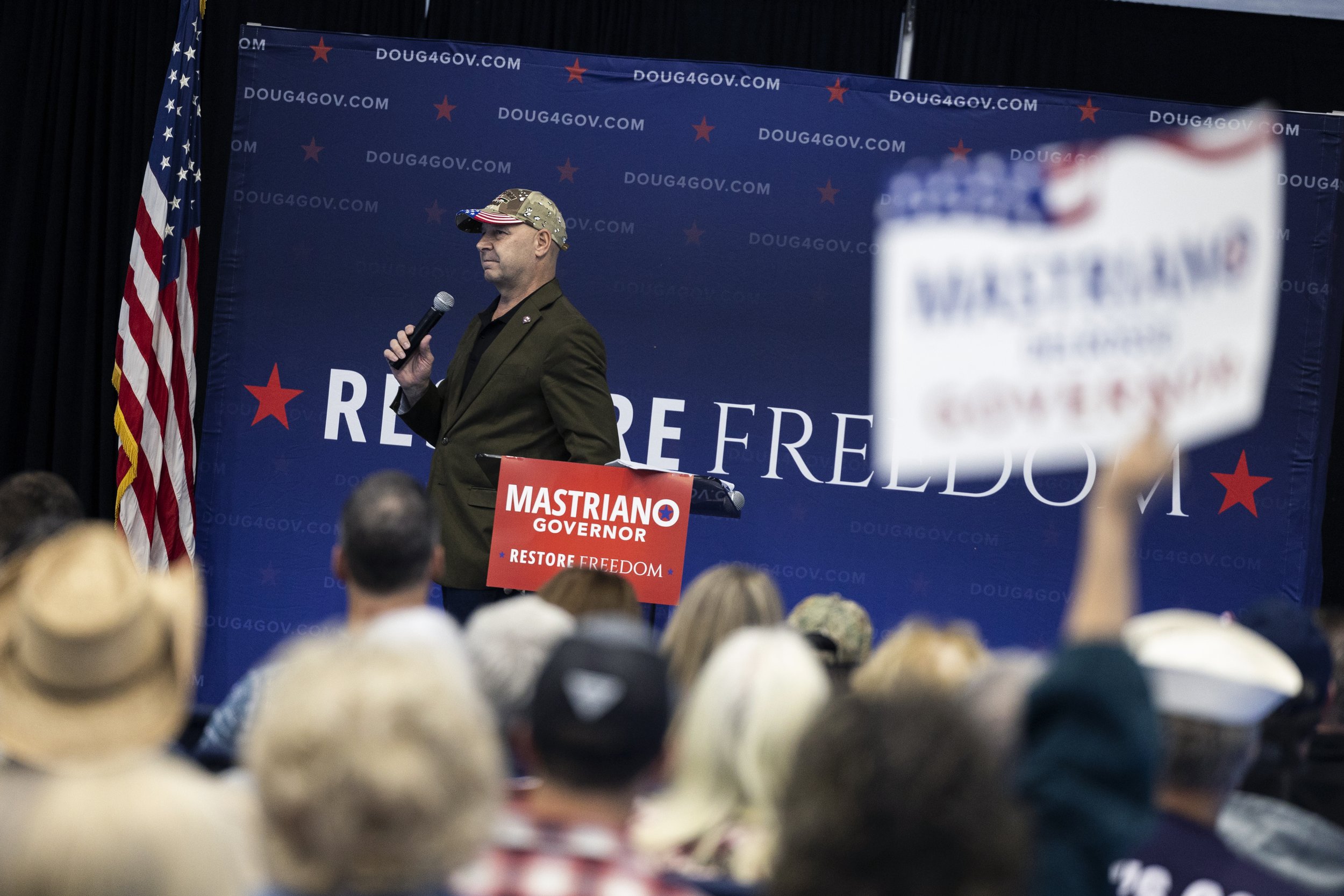  Republican Pennsylvania gubernatorial candidate Doug Mastriano speaks at an event ahead of the midterm elections in State College, Pennsylvania on November 1, 2022.  (On assignment for Reuters) 