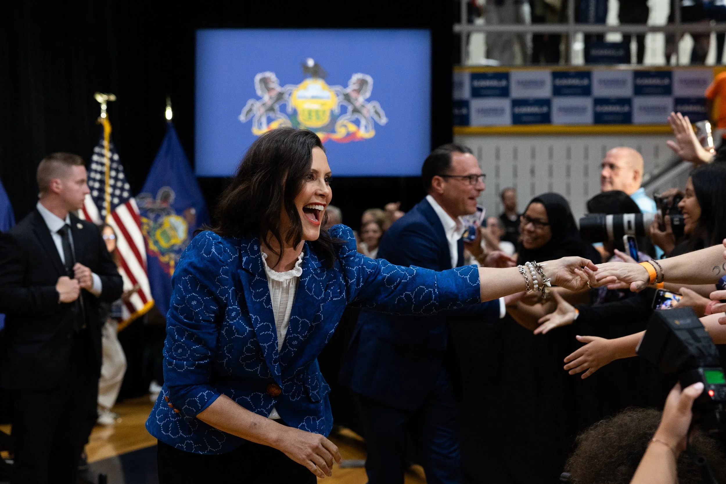  Michigan’s Governor Gretchen Whitmer greets fans at a rally in support of U.S. Vice President Kamala Harris’ Democratic presidential election campaign in Ambler, Pennsylvania on July 29, 2024.  (On assignment for Reuters)  