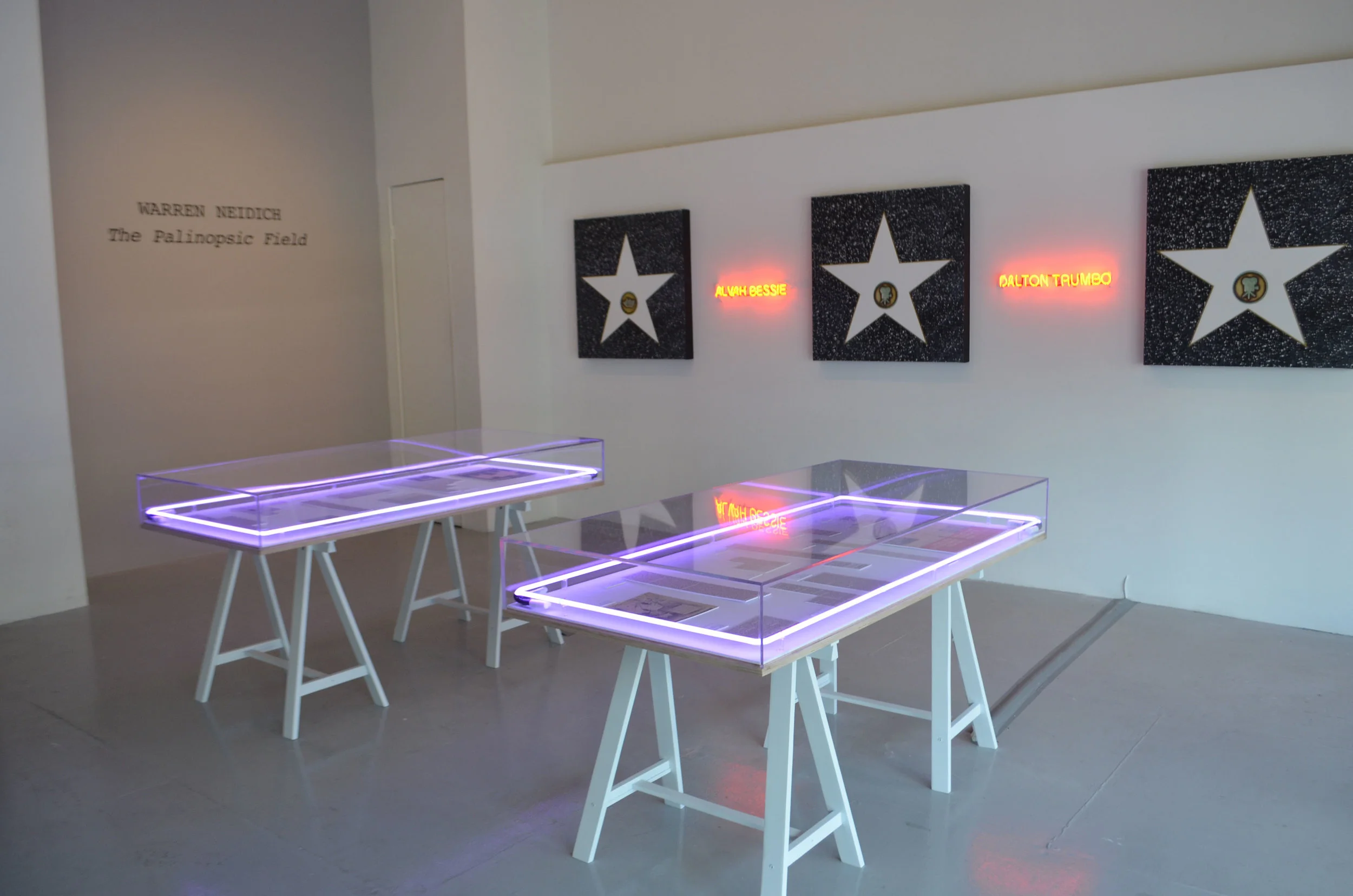 artist exhibition installation at LACE Warren Neidich: The Palinopsic Feild June 15- August 14 2016 paintings, neons, tables vitrines with neons, new paper prints and wall text.