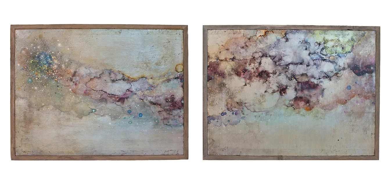 Cosmic Distance. Ink and metal leaf on wood panel. For more of her work visit Coleman Paintings