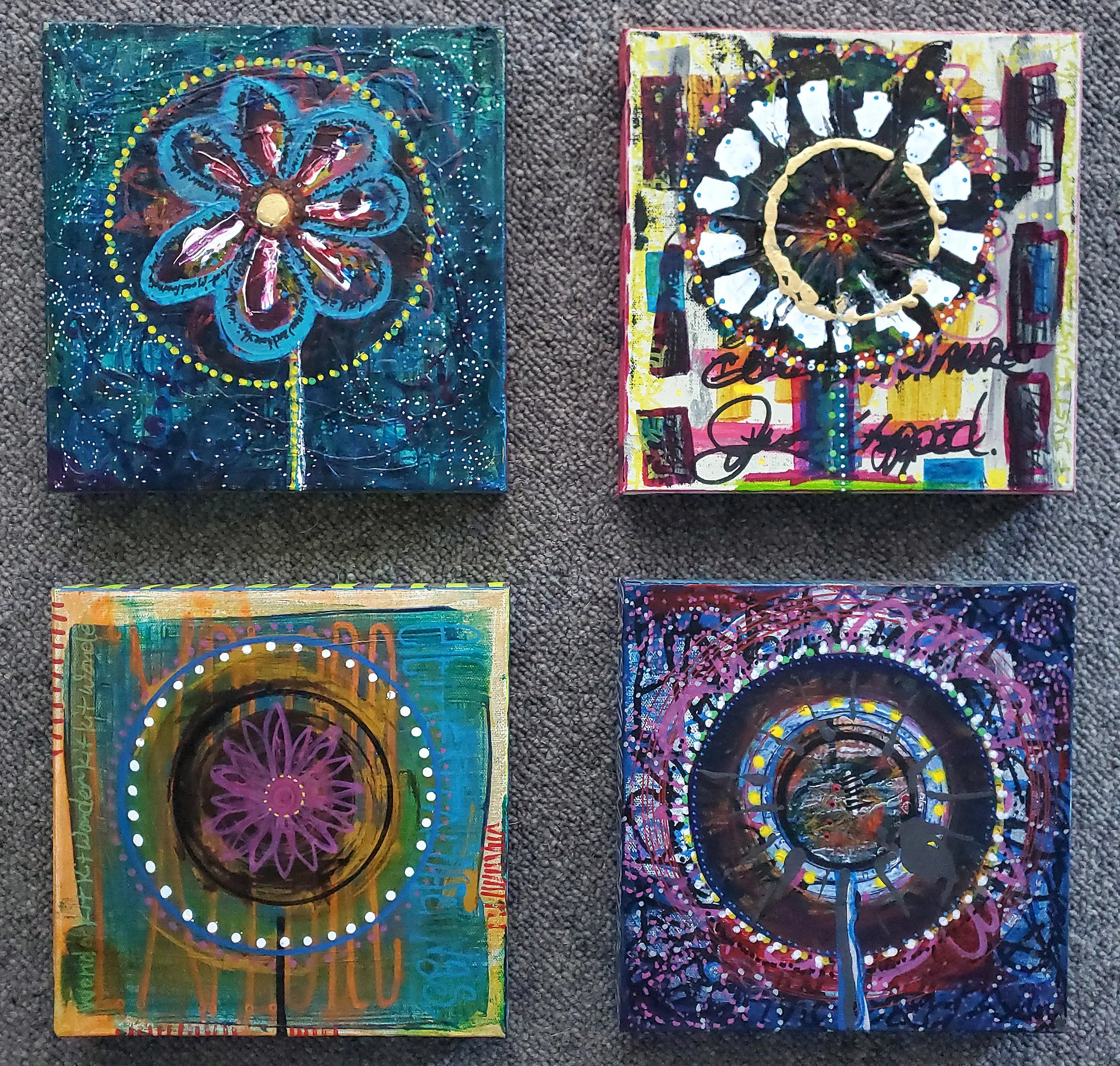 Image of four small square abstract paintings of flowers.