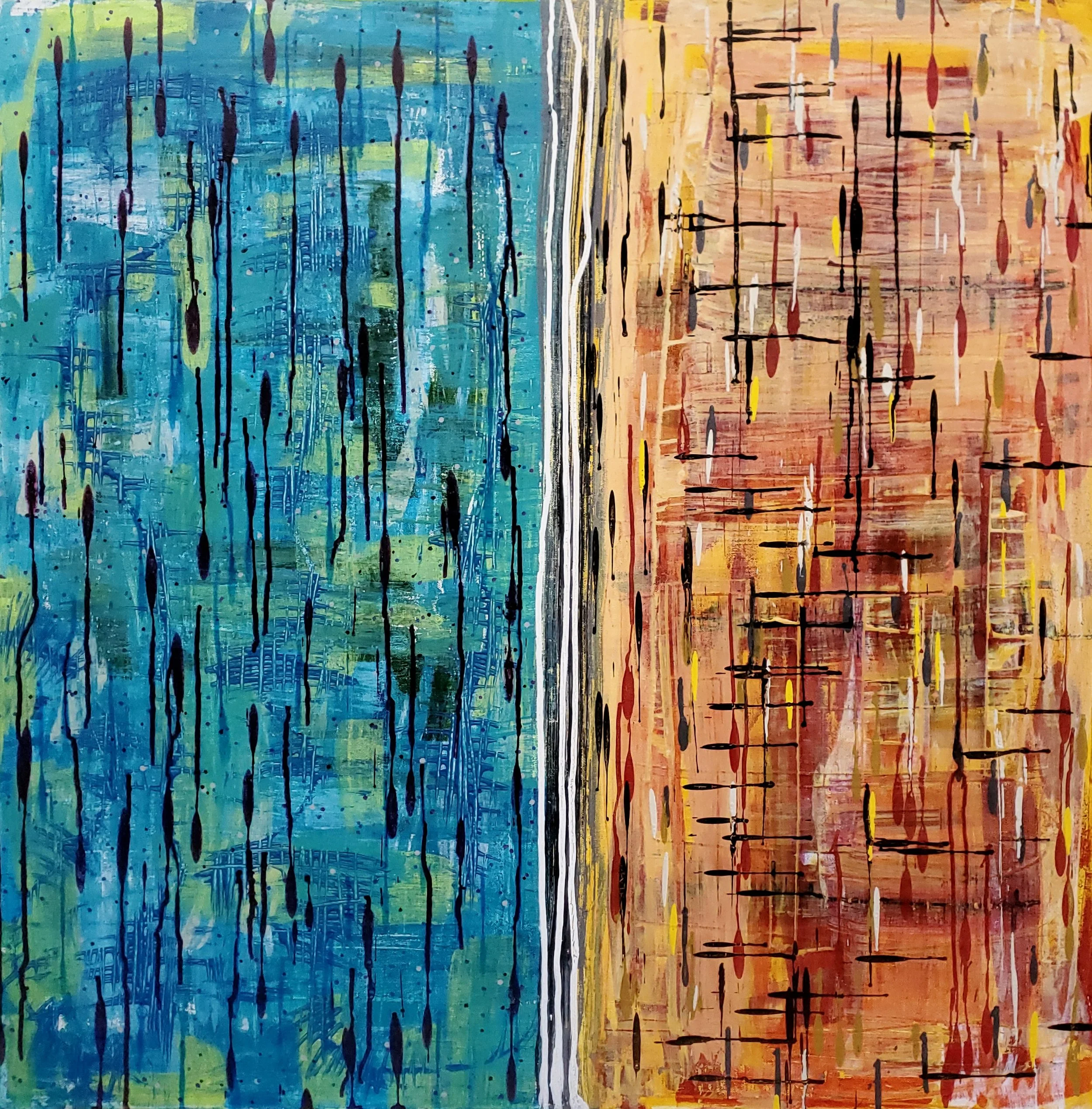 Square image of as abstract painting with blues on the left and orange on the right.