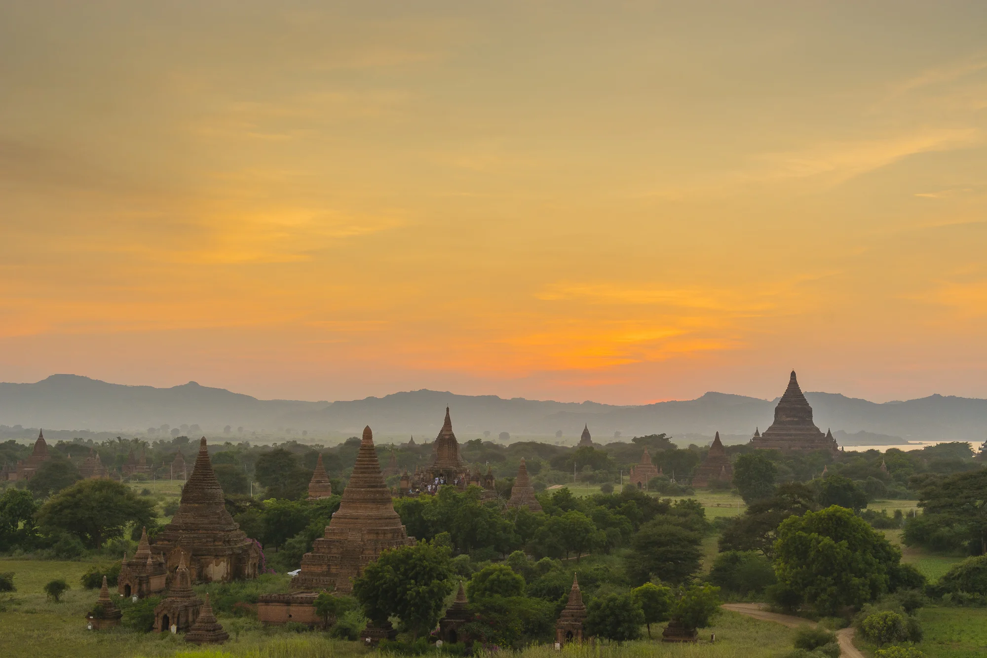 Sunset over the plains of Bagan, Myanmar.