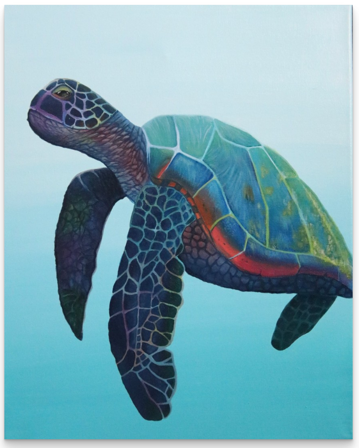 Colorful painting of a sea turtle swimming with a blue gradient background.
