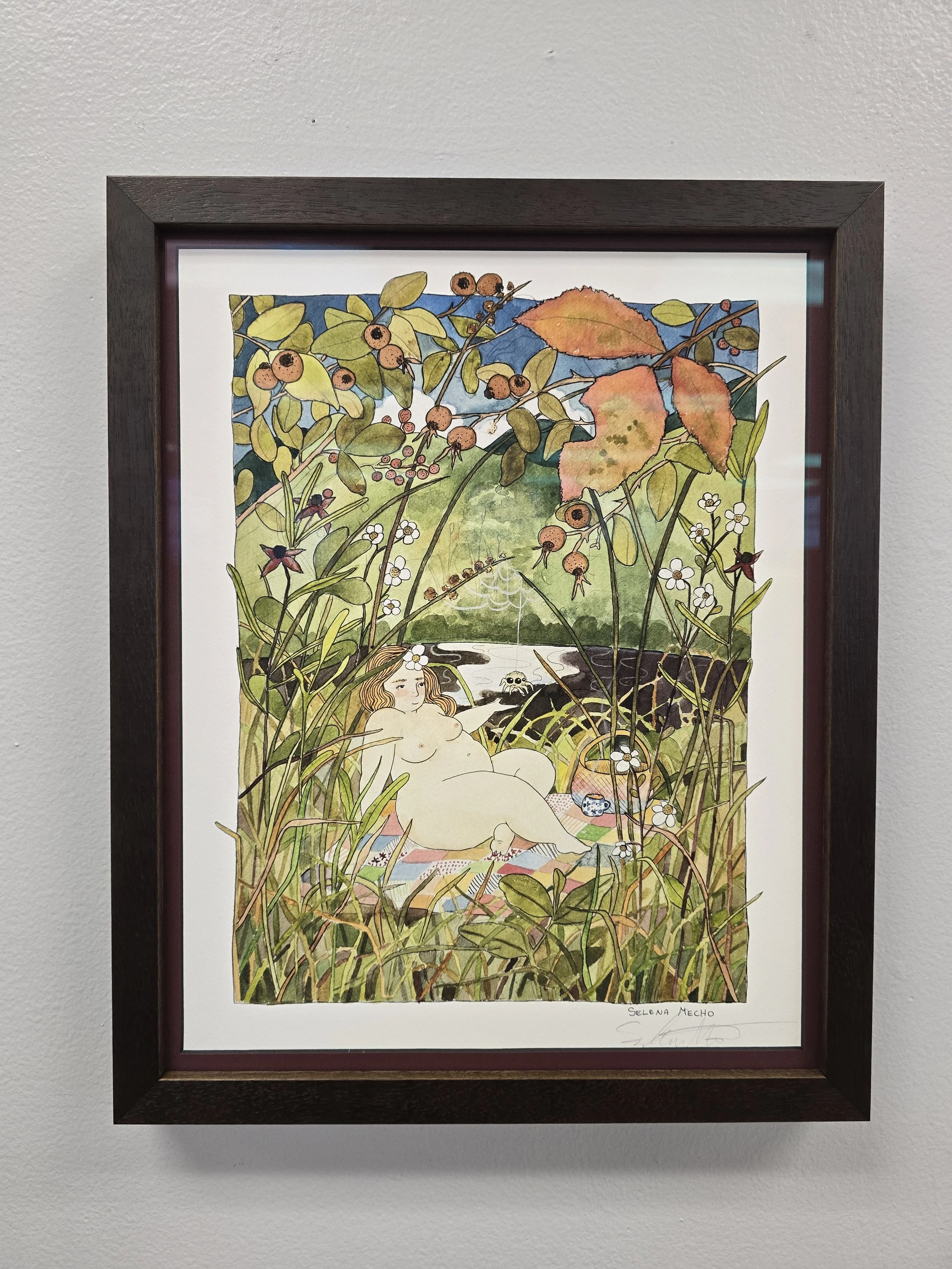 Woodsy watercolor art print, framed at Raven's Wish.