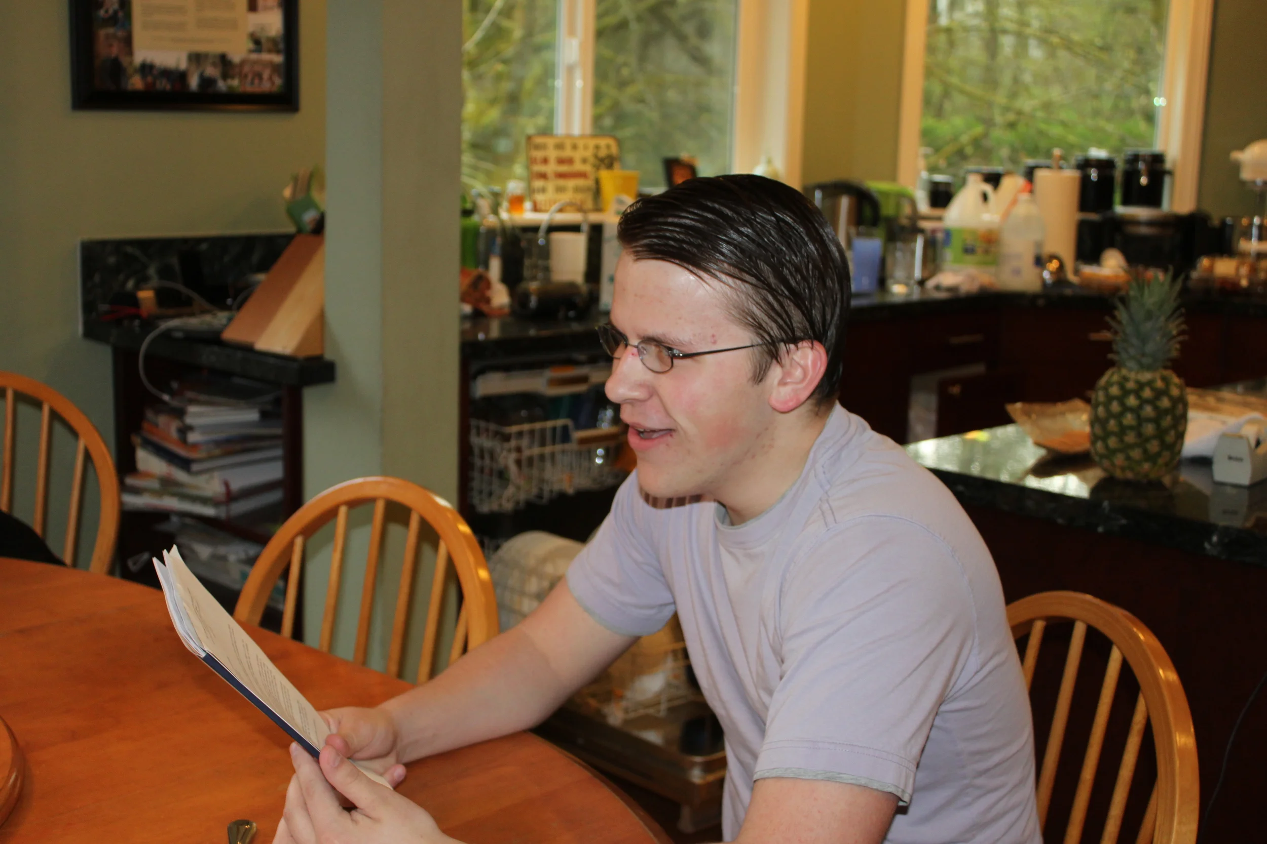 Mike reading his call. 