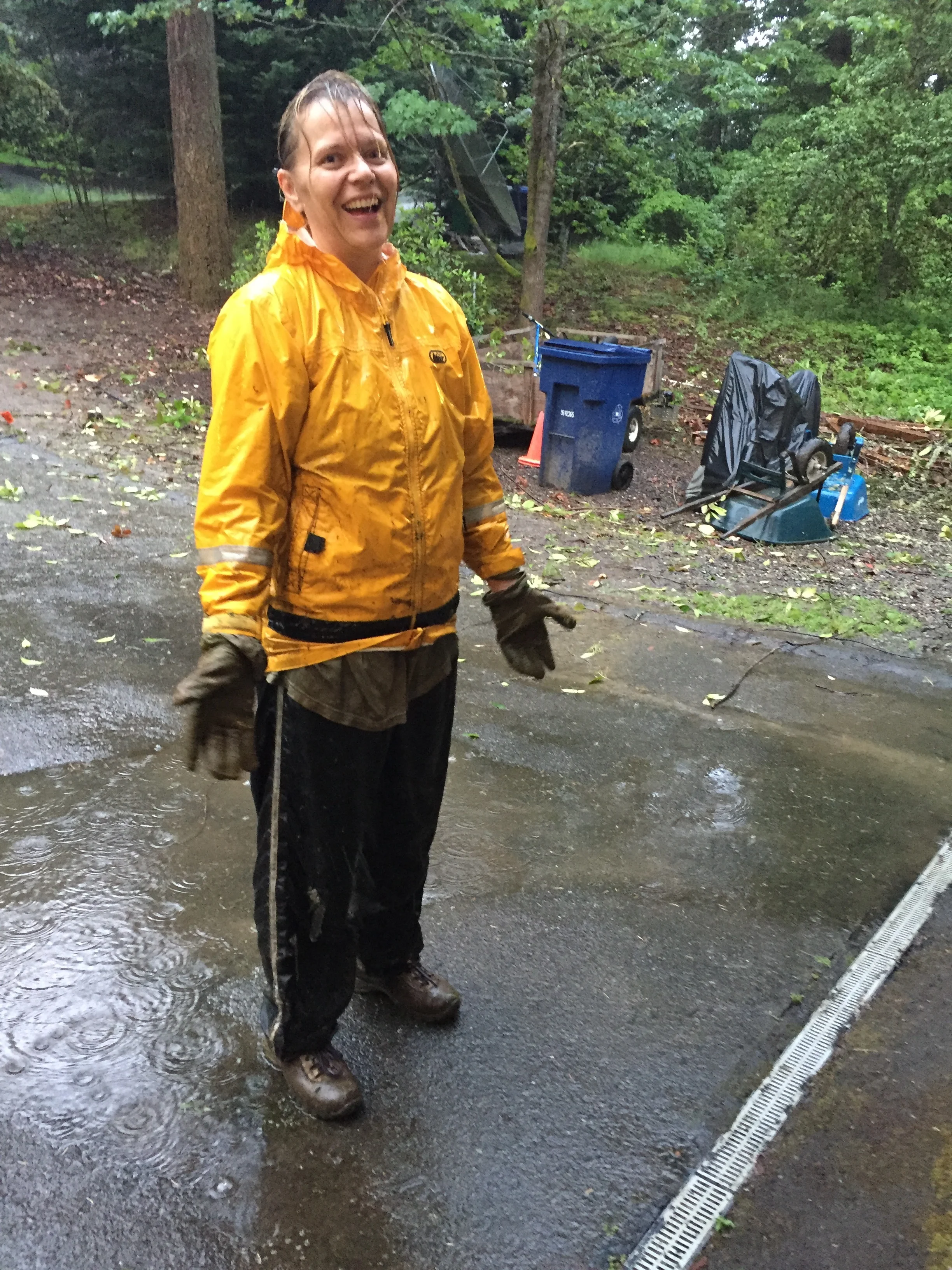 Doreen after removing bushes in a down pour!