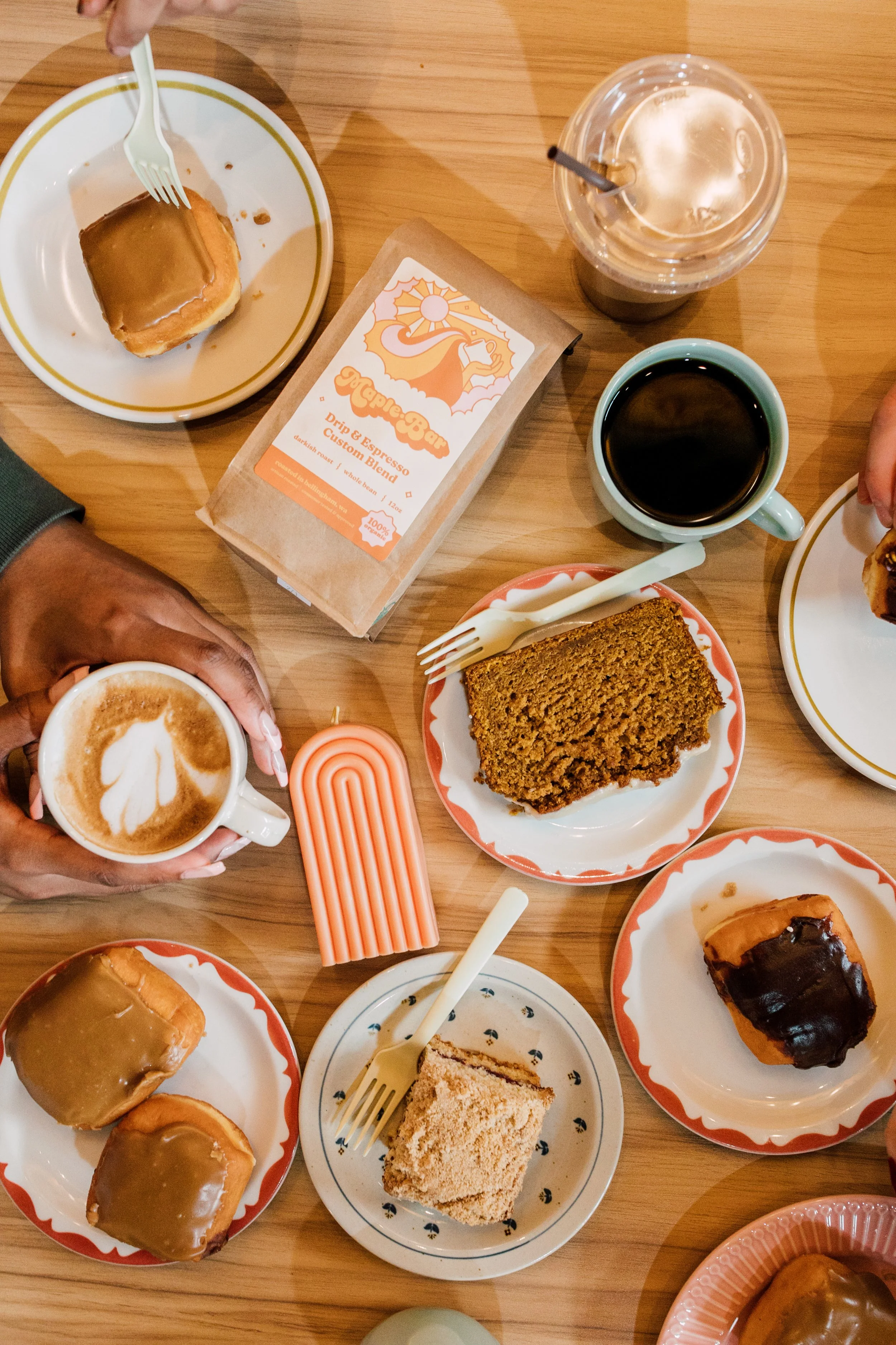 Bellingham Seattle Food Photography Business Branding Photographer Katheryn Moran Maple Bar Cordata Top Down Food Styling Table Shot Donuts Cake Coffee 