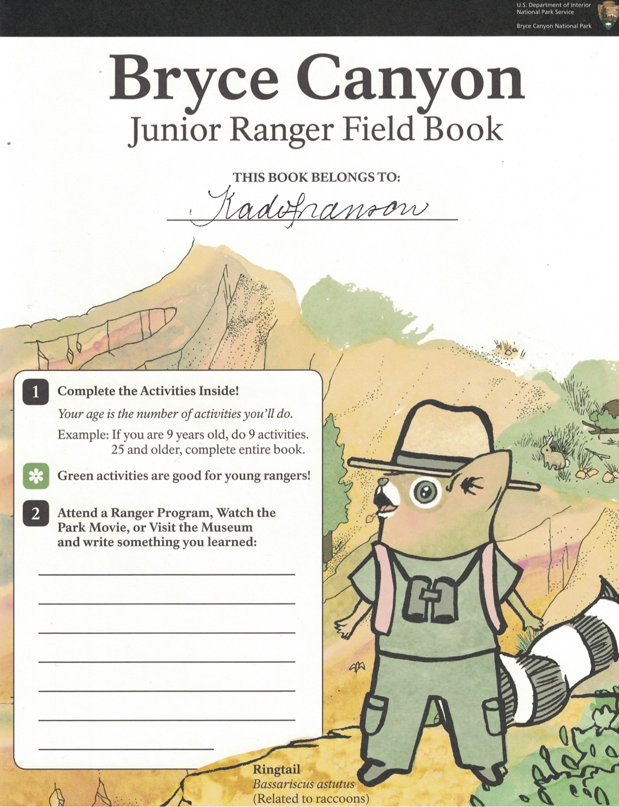Bryce Canyon Junior Ranger Field Book