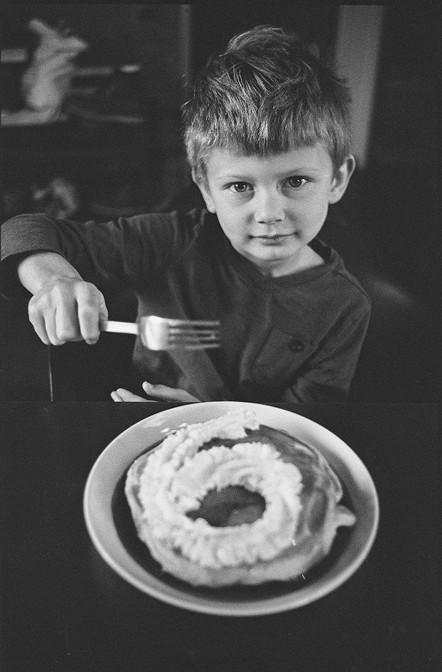 Birthday morning pancakes with an as requested whip cream six.