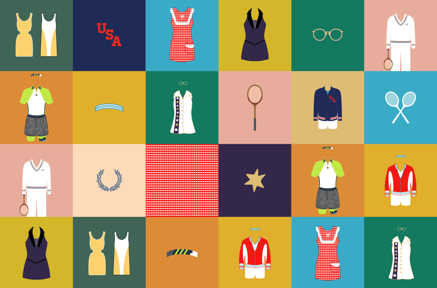 Ticketmaster / US Open Illustrations "Tennis through the years" was the social media concept for the US Open this year. Memorable outfits were the focal point of each post, and Ticketmaster's followers got to guess who wore it. Pretty fun, right? I was told to "fire up the Wes Anderson" for this project, so I didn't hold back the hipster. I pulled color palettes from some of my favorite films, researched infamous outfits and got to illustrating. Simplicity with tiny details was they key here to really let the pieces speak for themselves. If you're a tennis fan, have a go at guessing who wore what. For answers/a cheat-sheet, click here . 2017