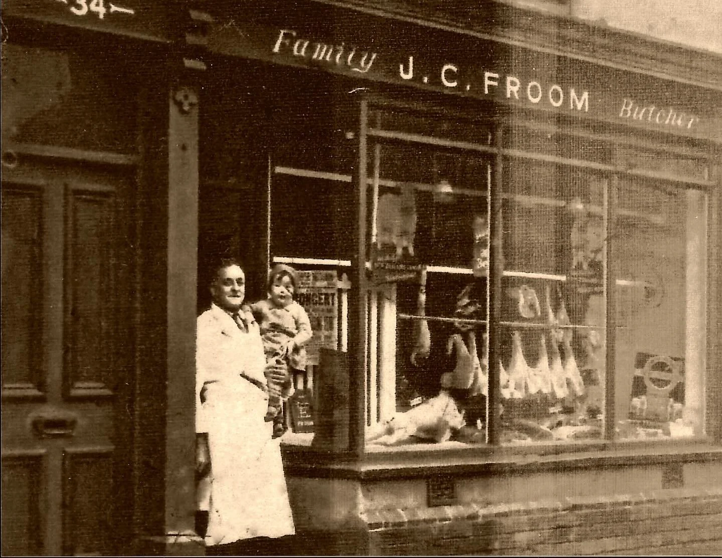 This is the butcher&rsquo;s shop that appears in #WeightsandMeasures -  my new novel coming 31/10 @watermarkpressbooks. This image shows my grandfather holding my Aunt Iris. My Dad tells me this must have been 1936/1937. They didn&rsquo;t know then w