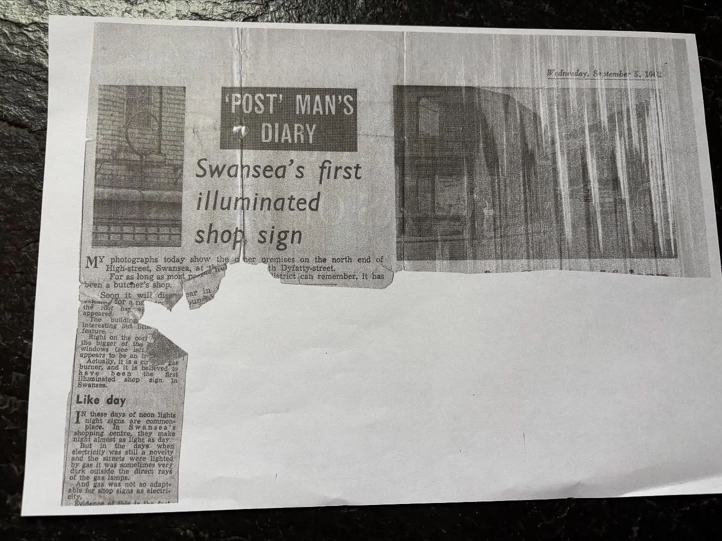 A first for #Swansea. Found this clipping from #southwaleseveningpost #1962 about #Swansea&rsquo;s first illuminated shop sign in Dyfatty. This butcher shop belonged to my great uncle and aunt. This sign reappears in my novel &lsquo;Weights and Measu