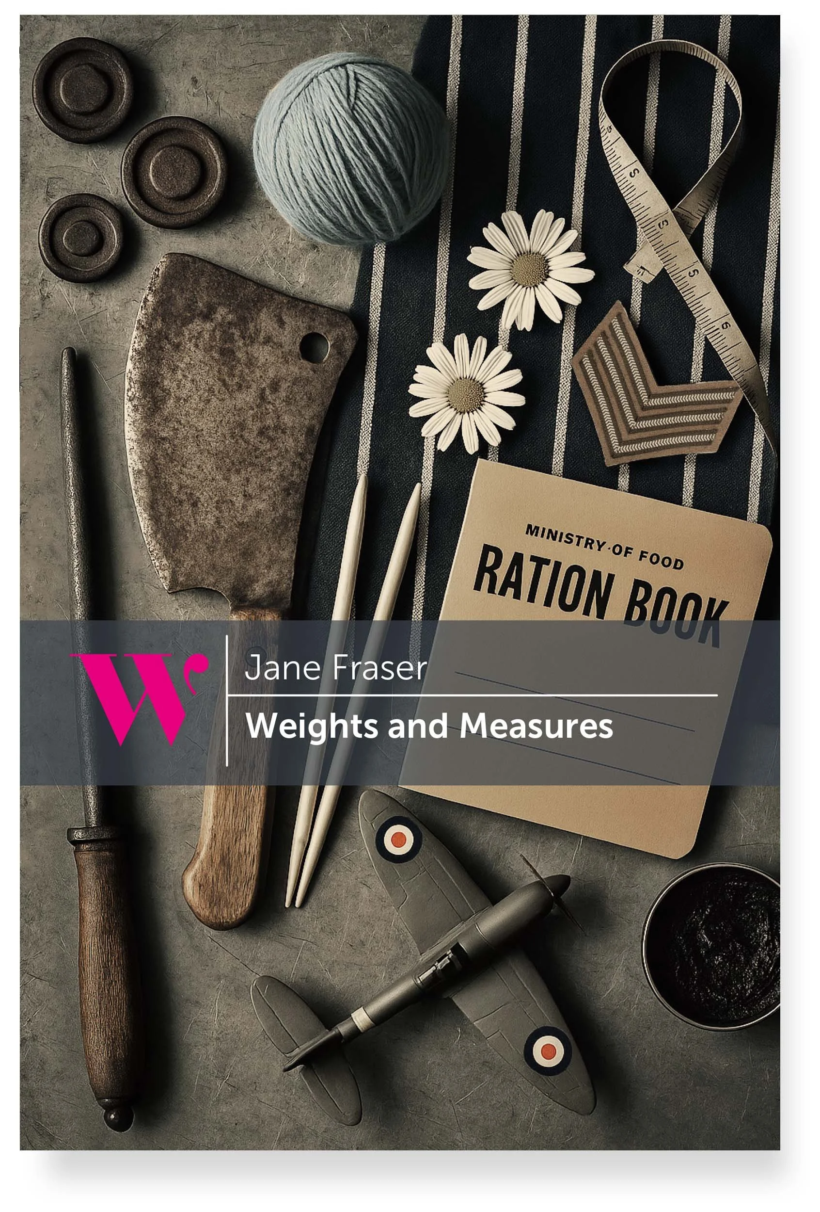 A book titled 'Weights and Measures' by Jane Fraser, a vintage axe, a grey toy airplane, three daisies, a ball of light grey yarn, a measuring tape, three brown circular objects, a long thin grey stick, a fork, two white pens, and a patterned metal object are arranged on a dark surface with a striped cloth.