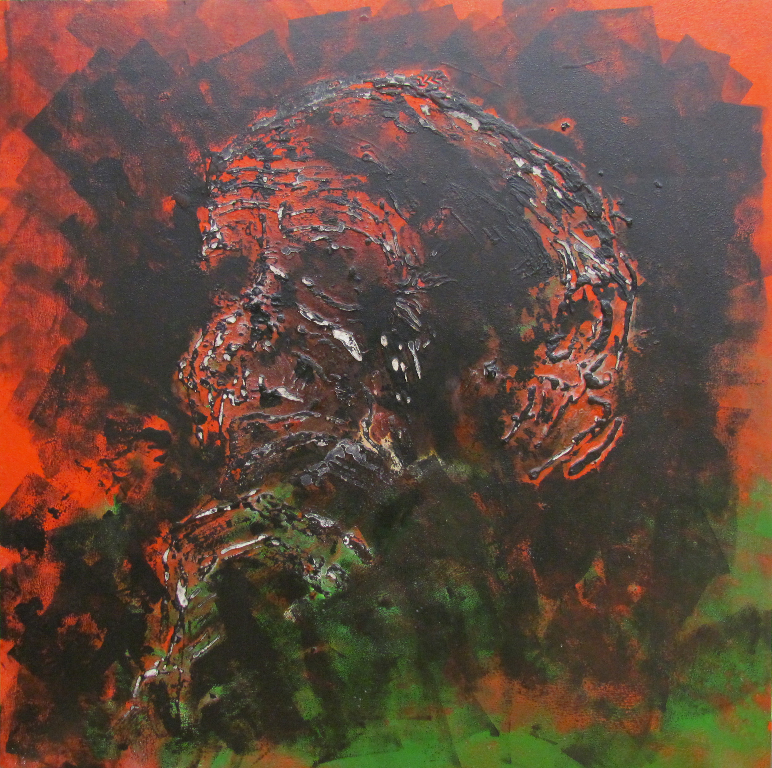 Portrait of Milton Friedman / フリードマン経済学者の肖像 black house paint, gofun, cashew lacquers / カシューニス、胡粉、黒いペンキ 92x92 cm