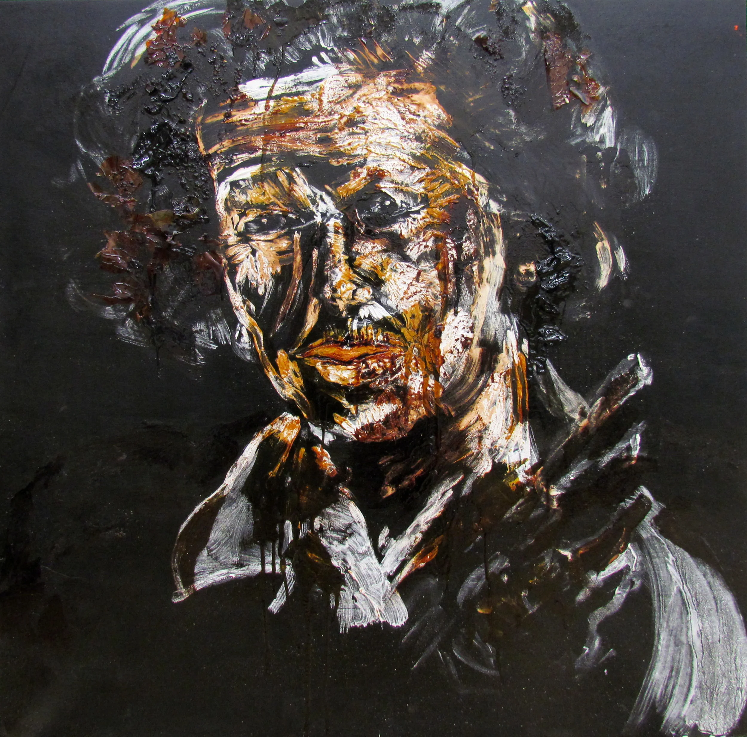 Portrait of Margaret Thatcher / サッチャー元首相の肖像 black house paint, gofun, cashew lacquers / カシューニス、胡粉、黒いペンキ 92x92 cm