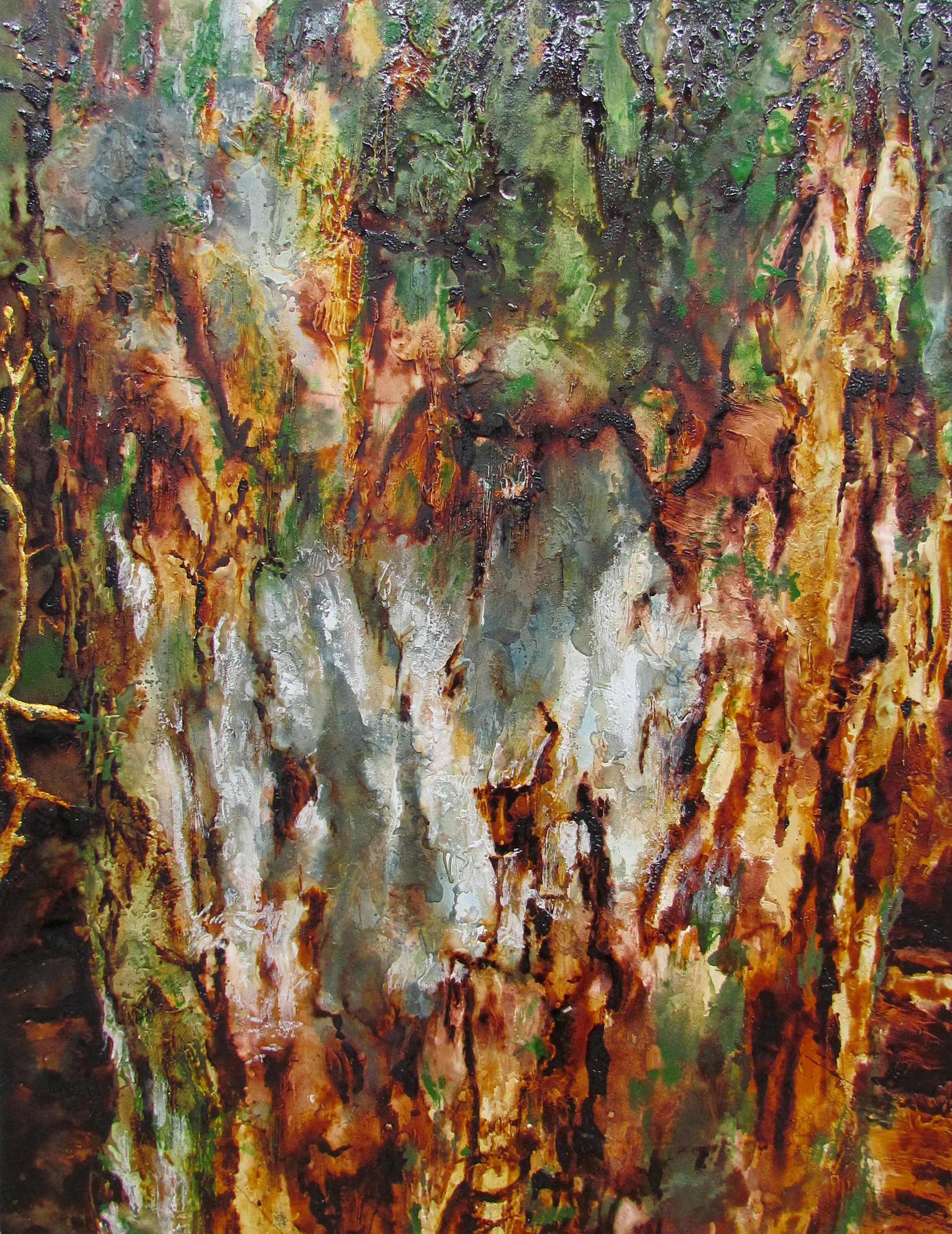 Tree Trunk II - Jyukai / 木の幹II (樹海) gofun, cashew lacquers, gold leaf on wooden board / 胡粉、カシューニス、金箔