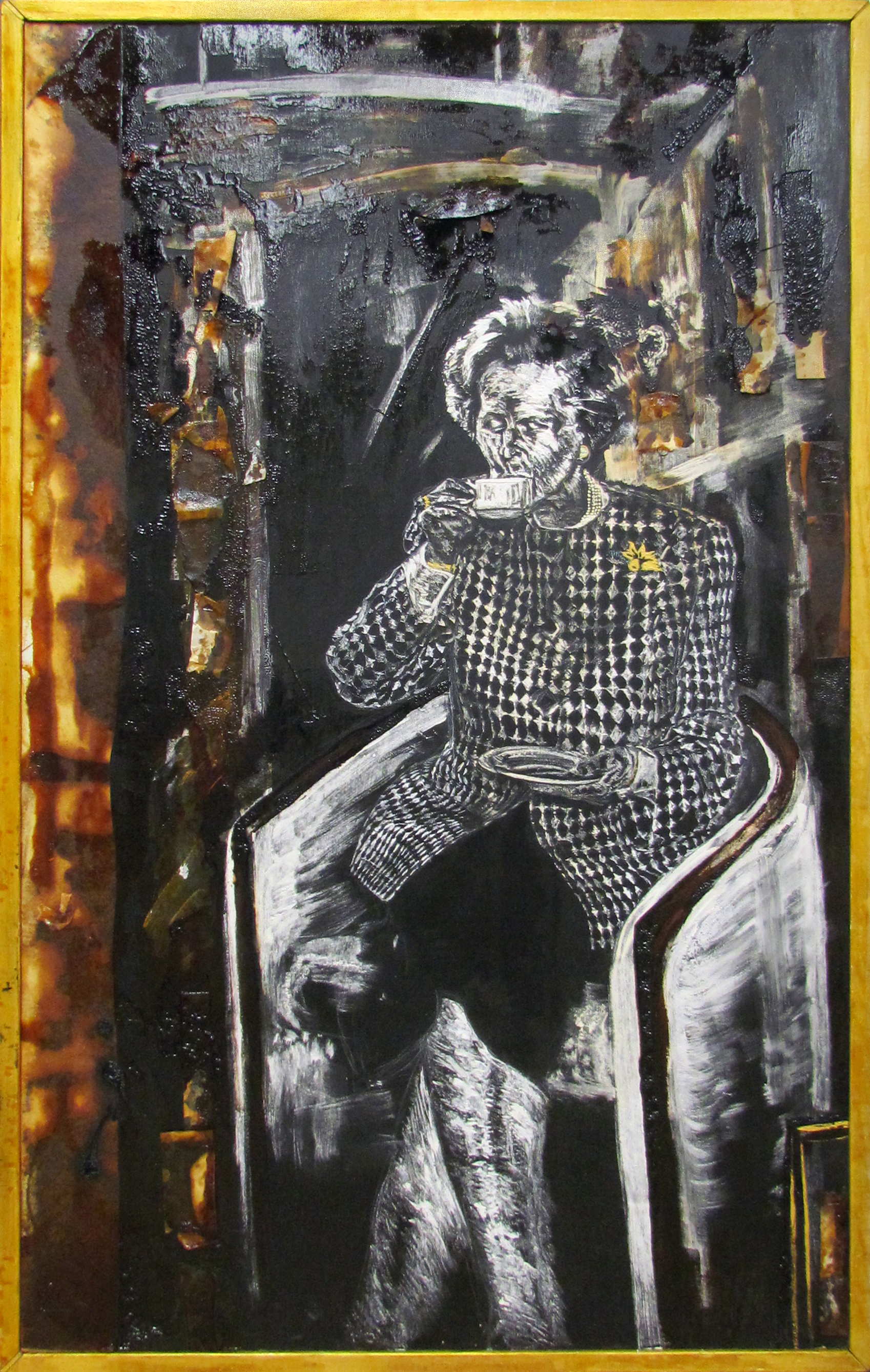 In Honour of Lady Thatcher and her Lasting Achievements / サッチャーと彼女の長く語り継がれる業績を祝う black house paint, gofun, japanese paper, mineral pigments, cashew lacquer / 黒いペンキ、胡粉、和紙、岩絵具、カシューニス 92x150 cm