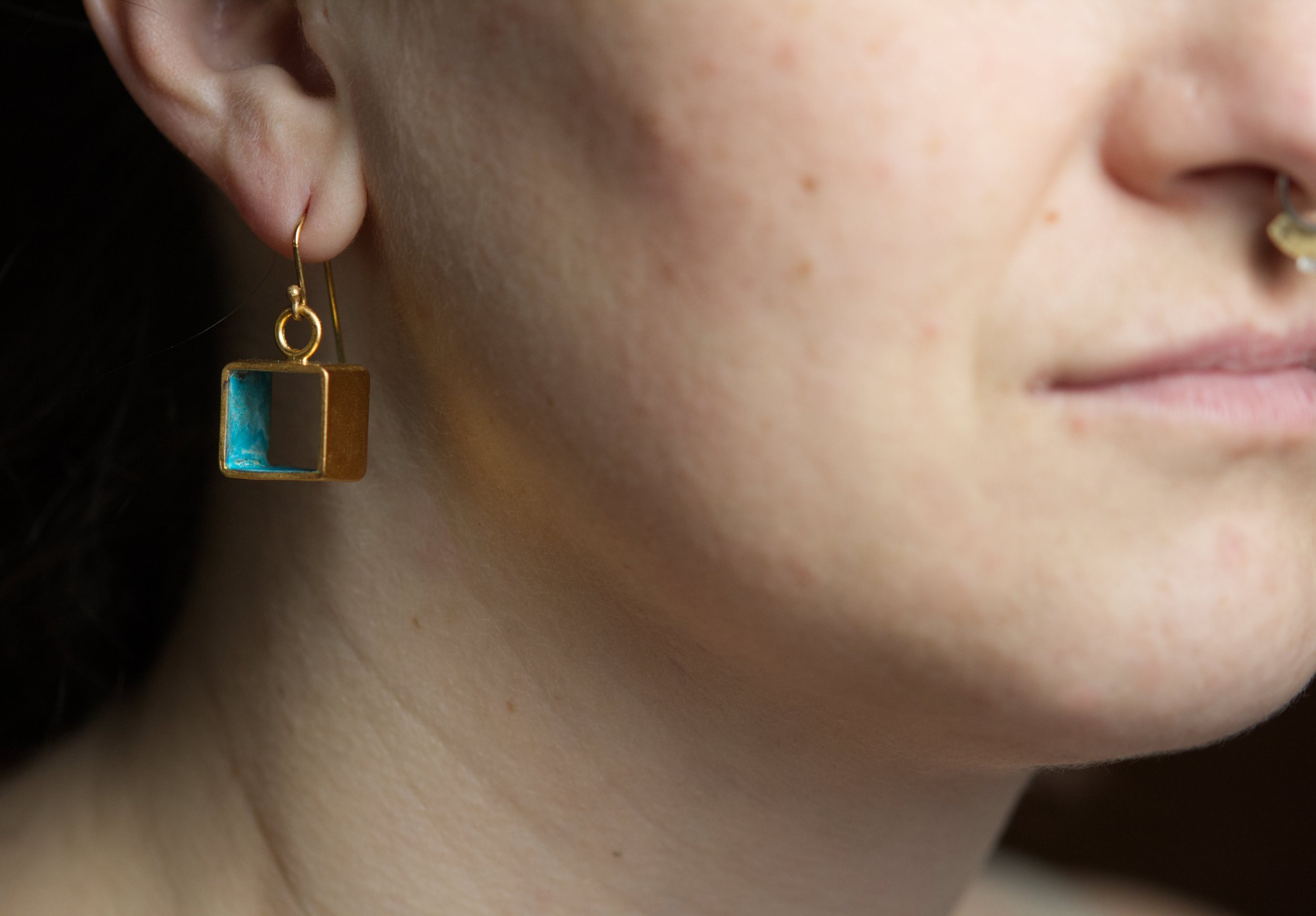 Square Gold and Copper Earring on Model.jpg
