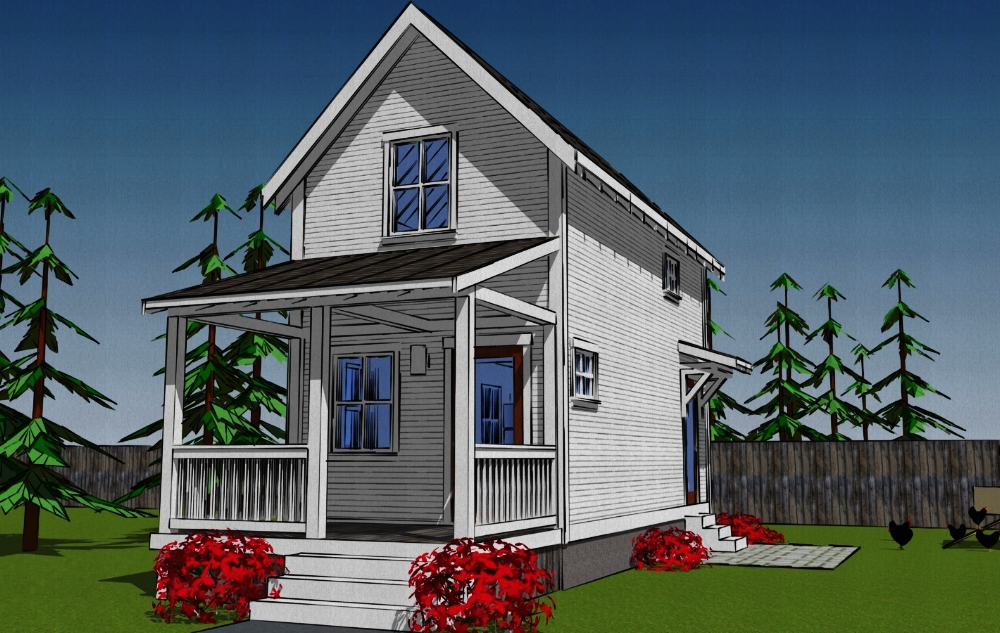 This is a picture of a 2 story house with front porch under 800 square feet.