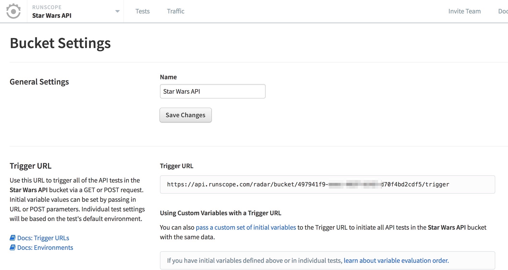 Runscope bucket settings page, highlighting Trigger URL section