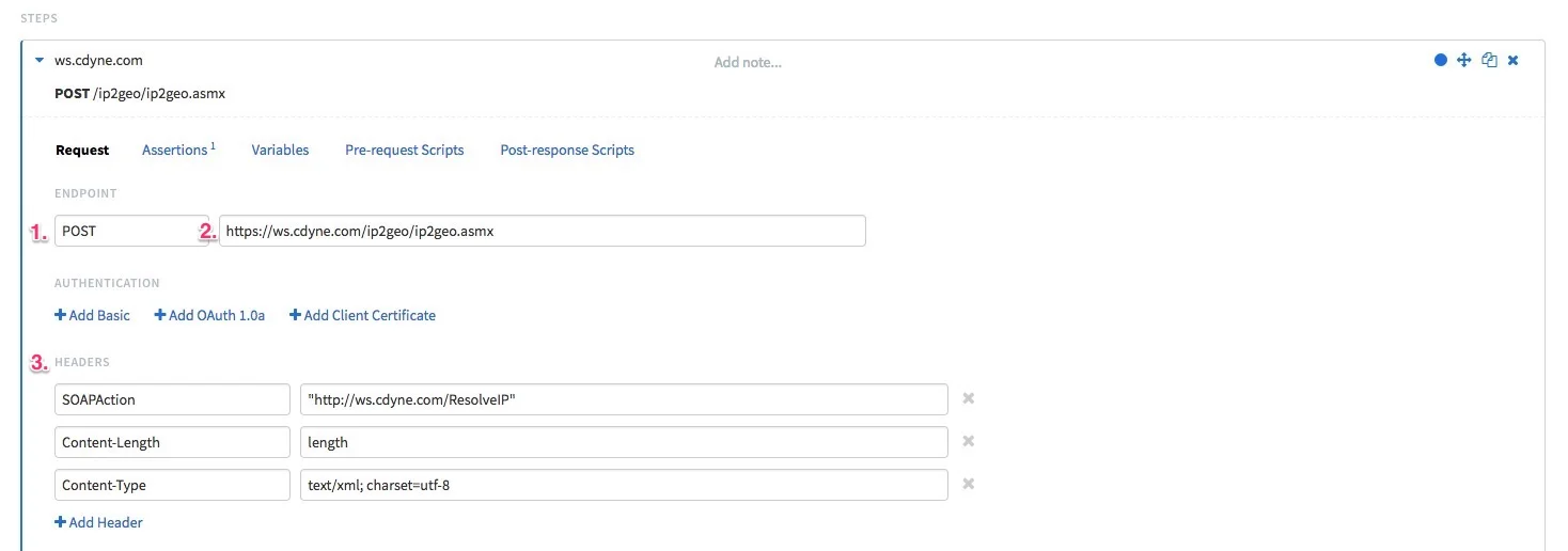 A request step in the Runscope interface, with the fields filled out from the previous bullet points.