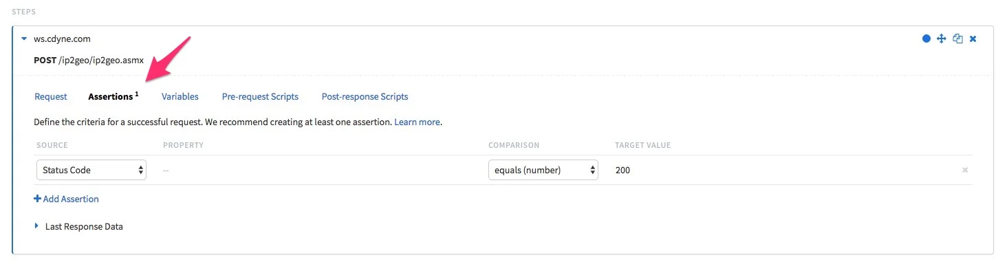 Showing the Assertions tab for a request step in the Runscope test editor interface.