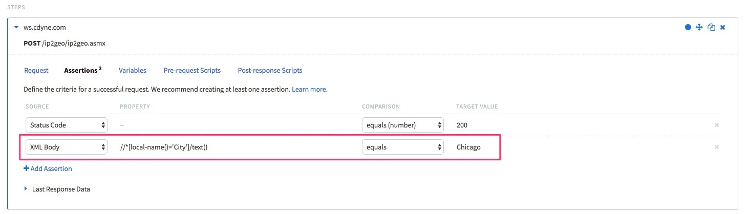 Showing a new assertion added to our request step to extract the "City" element from our XML response and compare it to the string "Chicago".
