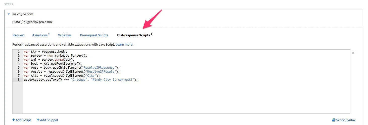 Showing the Post-response Script tab in a request step, containing the previous script to extract the "City" element from the XML response and assert that it's equal to "Chicago".
