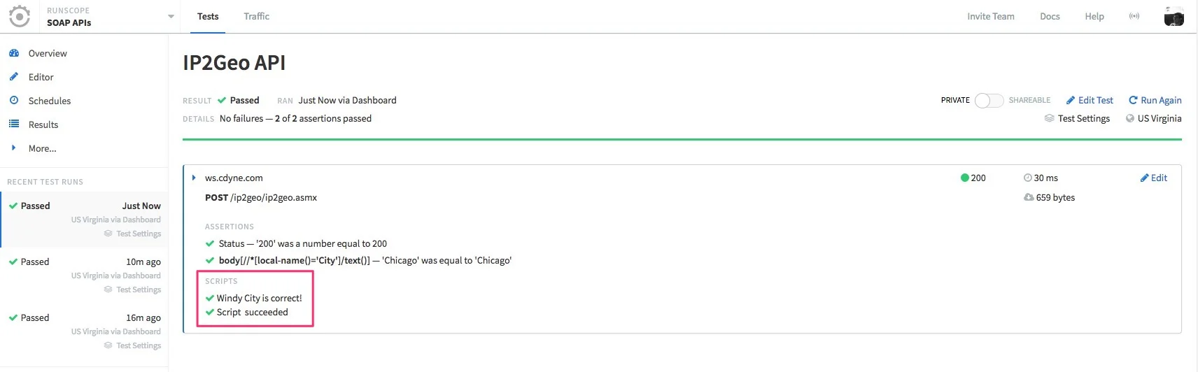 Showing the test result page from our last request, which includes the assertions and a new "Scripts" part, showing that the assertion from our script was successful and the script succeeded.
