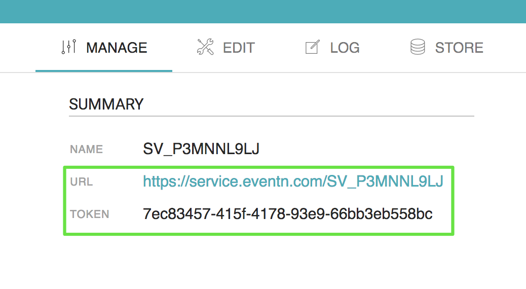 Eventn's dashboard, displaying the manage tab of a microservice and highlighting the URL and Token parameters.