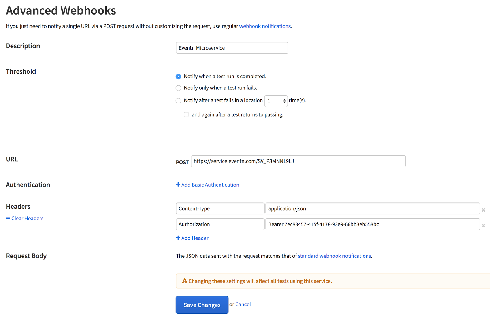 Runscope interface, showing the Advanced Webhooks configurations settings under the "Connected Services" menu.